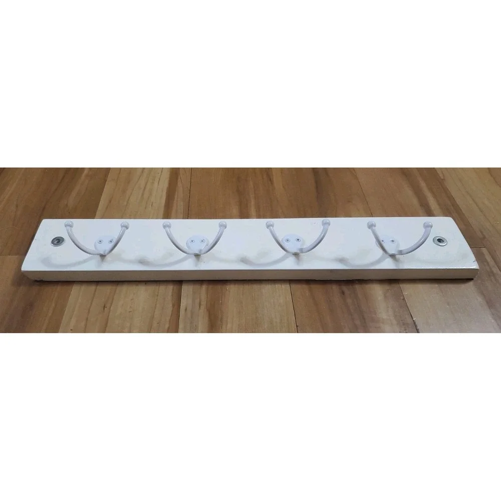 White Wooden Wall Mount Hook Rail 4 Heavy Duty Double Hooks Towel Hanger